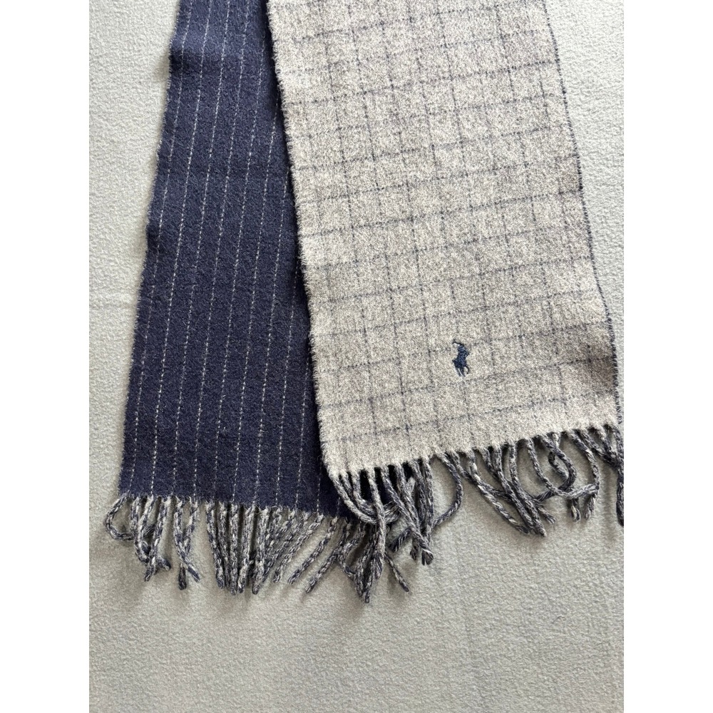 Polo Ralph Lauren Scarf Mens OS Blue Grey Wool Pinstripe Plaid Reversible Italy